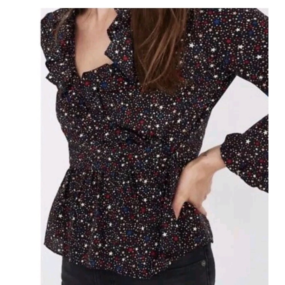 Madewell Star Print Ruffle Wrap Peplum Blouse Top Long Sleeve XL 100% Silk - Picture 3 of 9